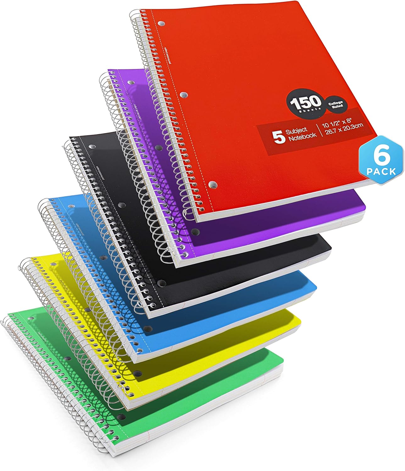Emraw 5 Subject Spiral Notebooks Wide Ruled 150 Sheets Ideal for Class Assignments, Homework, Planning and General Notes (Pack of 6) : Office Products