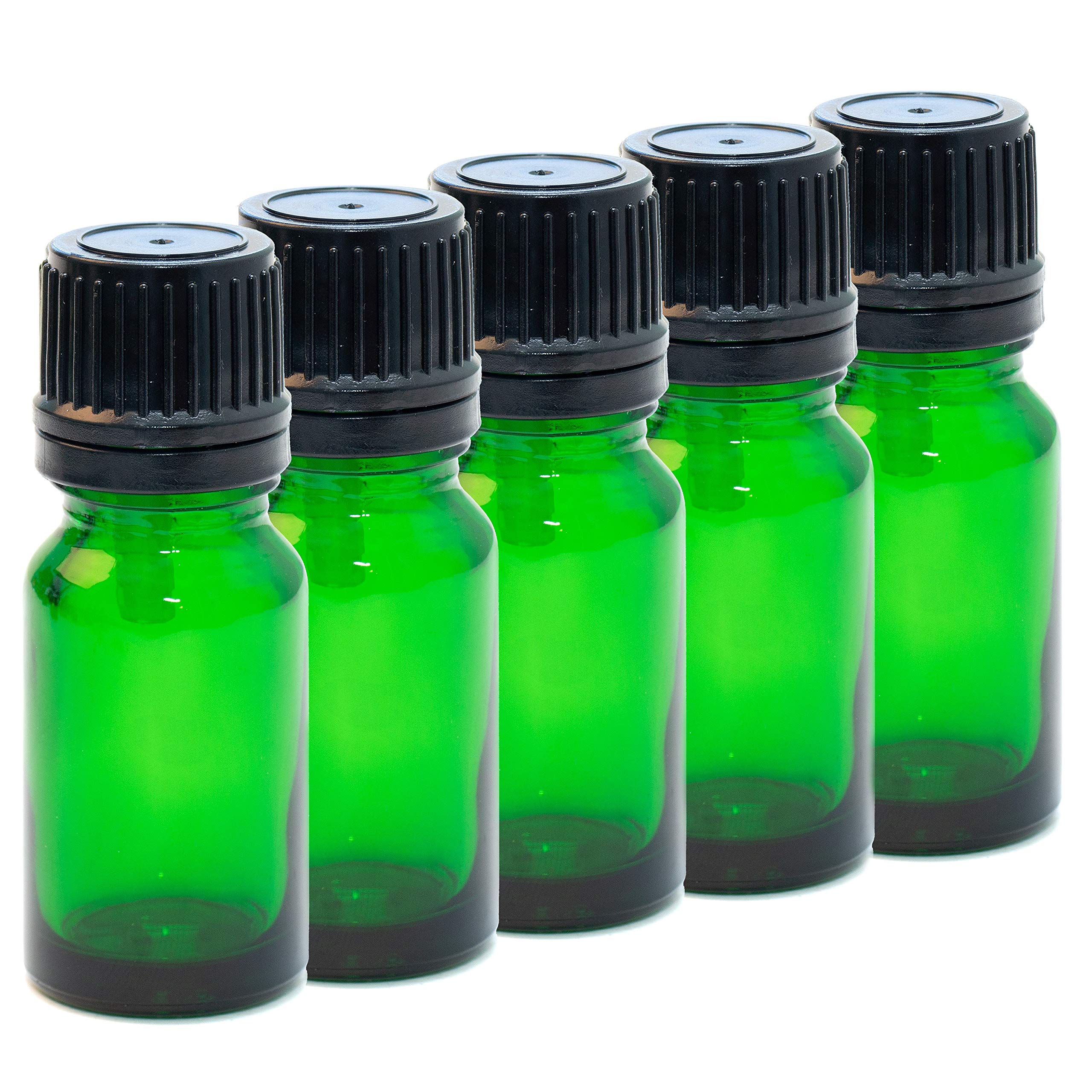 Aura 10ml GREEN Glass Bottles with Black T/E Caps & Droppers - PACK of 5