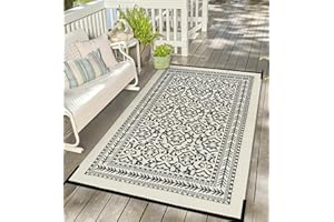 Uphome Outdoor Rug 5x8 Waterproof, Reversible Foldable Boho Plastic Straw Rug for Patios, Lightweight Indoor/Outdoor Area Rug, Tribal Floral RV Camping Rug for Balcony Deck Picnic, Black&Beige