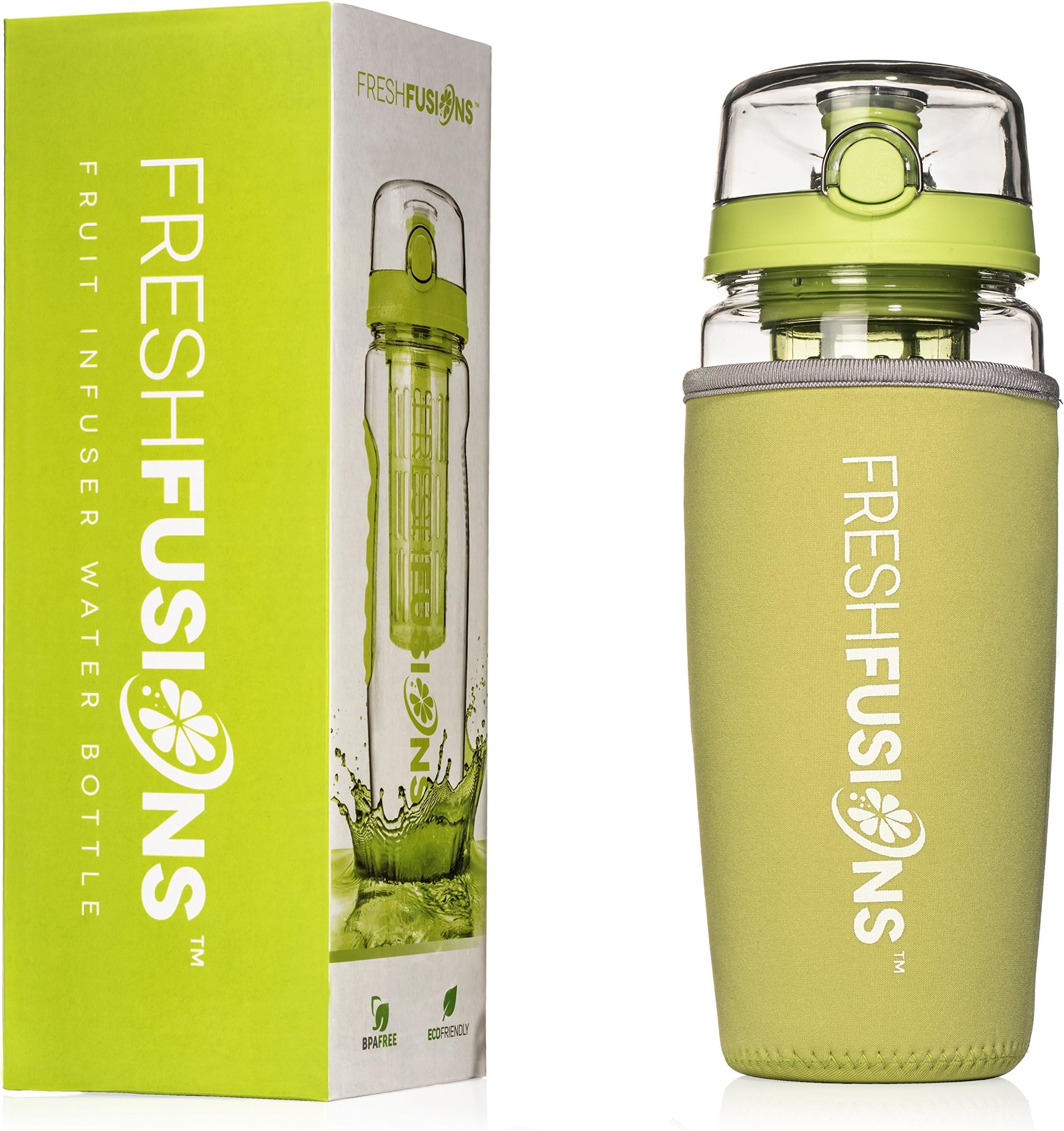 Fresh O2 Fusions Fruit Infuser Water Bottle Shaker Combo Set with eBook, Protein Shaker Ball and Insulated Sleeve, Lime, 32 oz