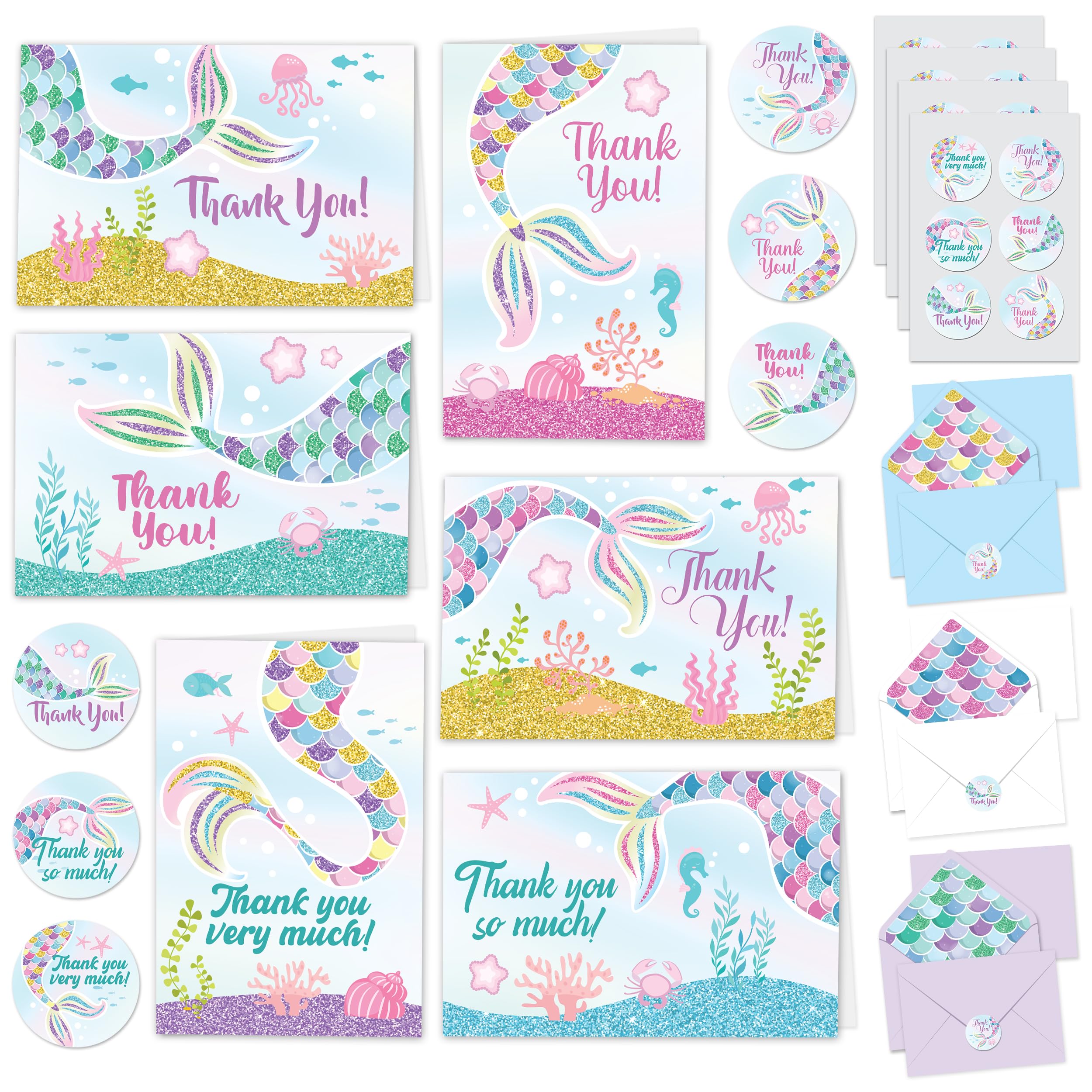 Decorably 30 Pack Glittery 4.9x3.5in Kids Mermaid Thank You Cards with Envelopes and Stickers, 6 Sparkly Designs Mermaid Thank You Cards Kids, Blank Inside - Baby Shower, Birthdays, Kids' Parties
