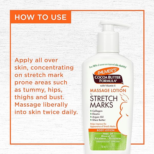 PALMER’S COCOA BUTTER FORMULA MASSAGE LOTION FOR STRETCH MARKS, PREGNANCY SKIN CARE, BELLY CREAM WITH COLLAGEN, ELASTIN, ARGAN OIL AND SHEA BUTTER, 8.5 OUNCES