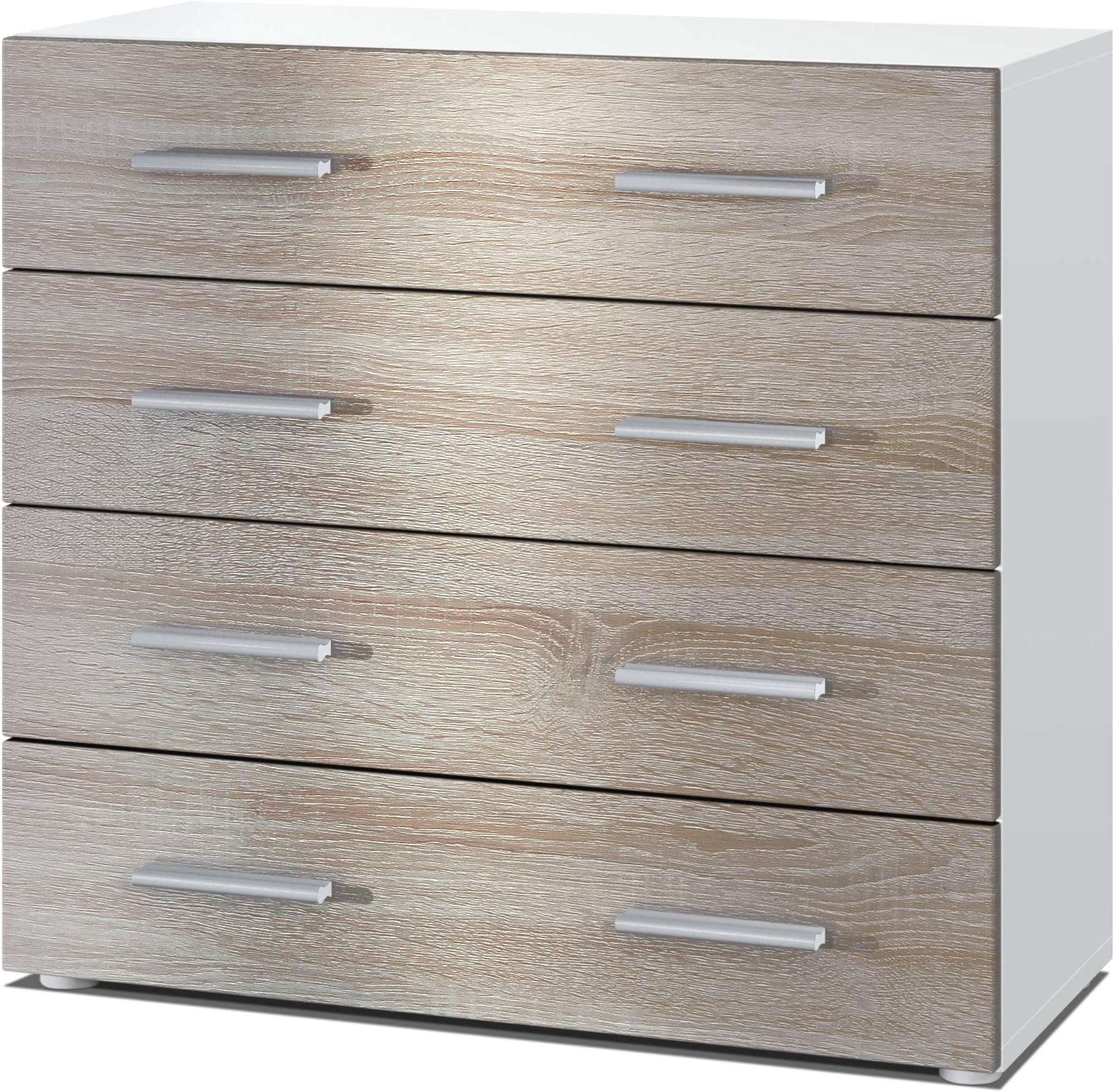 Vladon Chest of Drawers Cabinet Pavos, Carcass in White matt/Front in Rough-sawn Oak