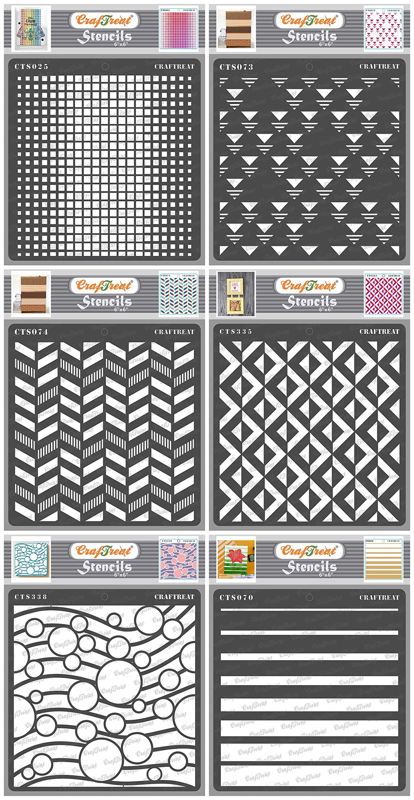 CrafTreat Reusable Geometric Stencils for Painting on Wood, Wall, Tile, Canvas, Paper, Fabric and Floor - Geometric Designs Bundle - 6 Pcs - 6x6 Inch Each - DIY Art and Craft Stencils Set