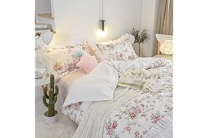 FADFAY Twin XL Floral Duvet Cover Set Girls 100% Cotton College Dorm Bedding Pink Bulgaria Rose Prin Ruffle White Lace Reversible White Blush Flower Comforter Cover French Country Bed Covers 3 Pieces