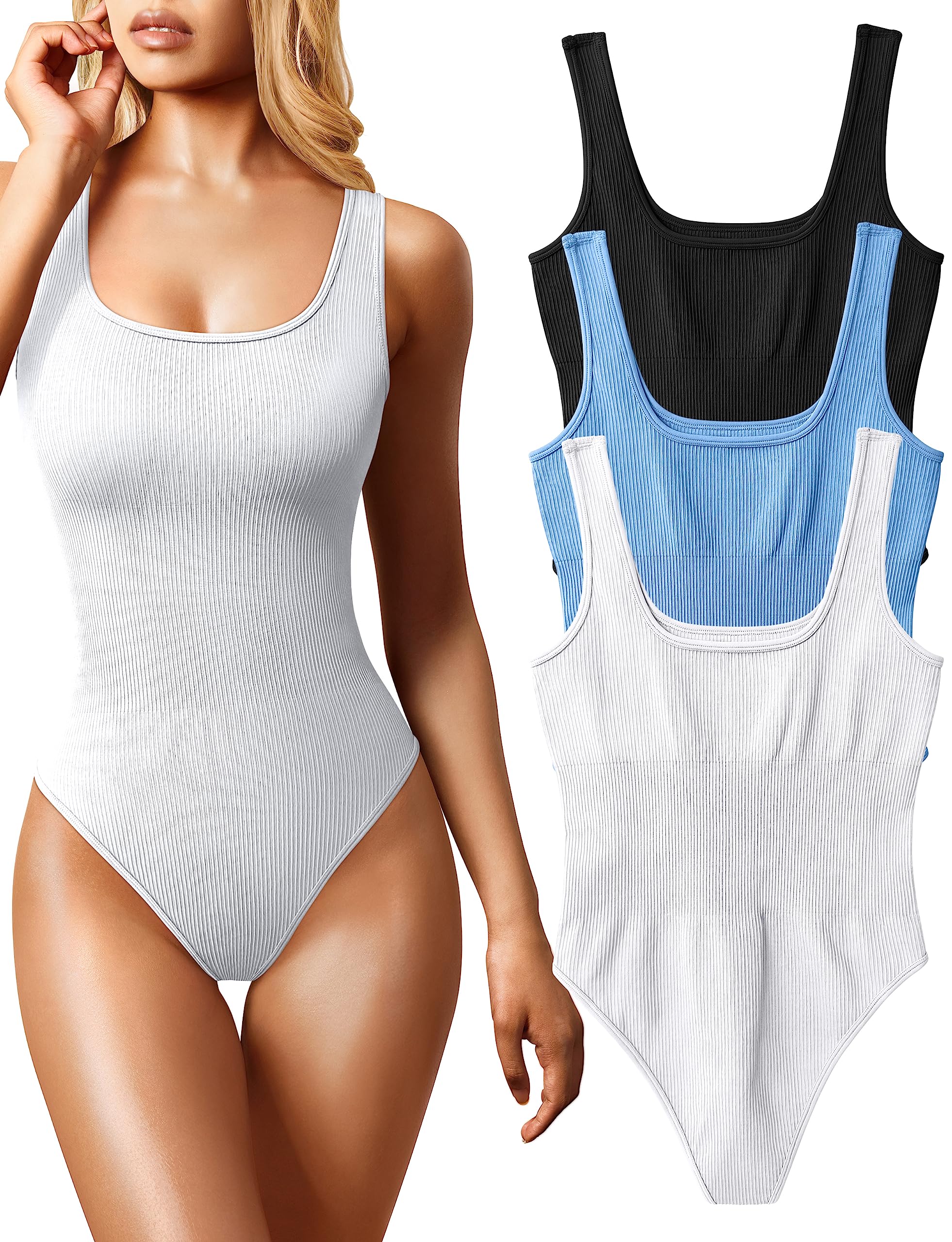 Photo 1 of OQQ Women's 3 Piece Bodysuits Sexy Ribbed Sleeveless Square Neck Tank Tops Leotard 2025 Trendy Outfits Black Candyblue White