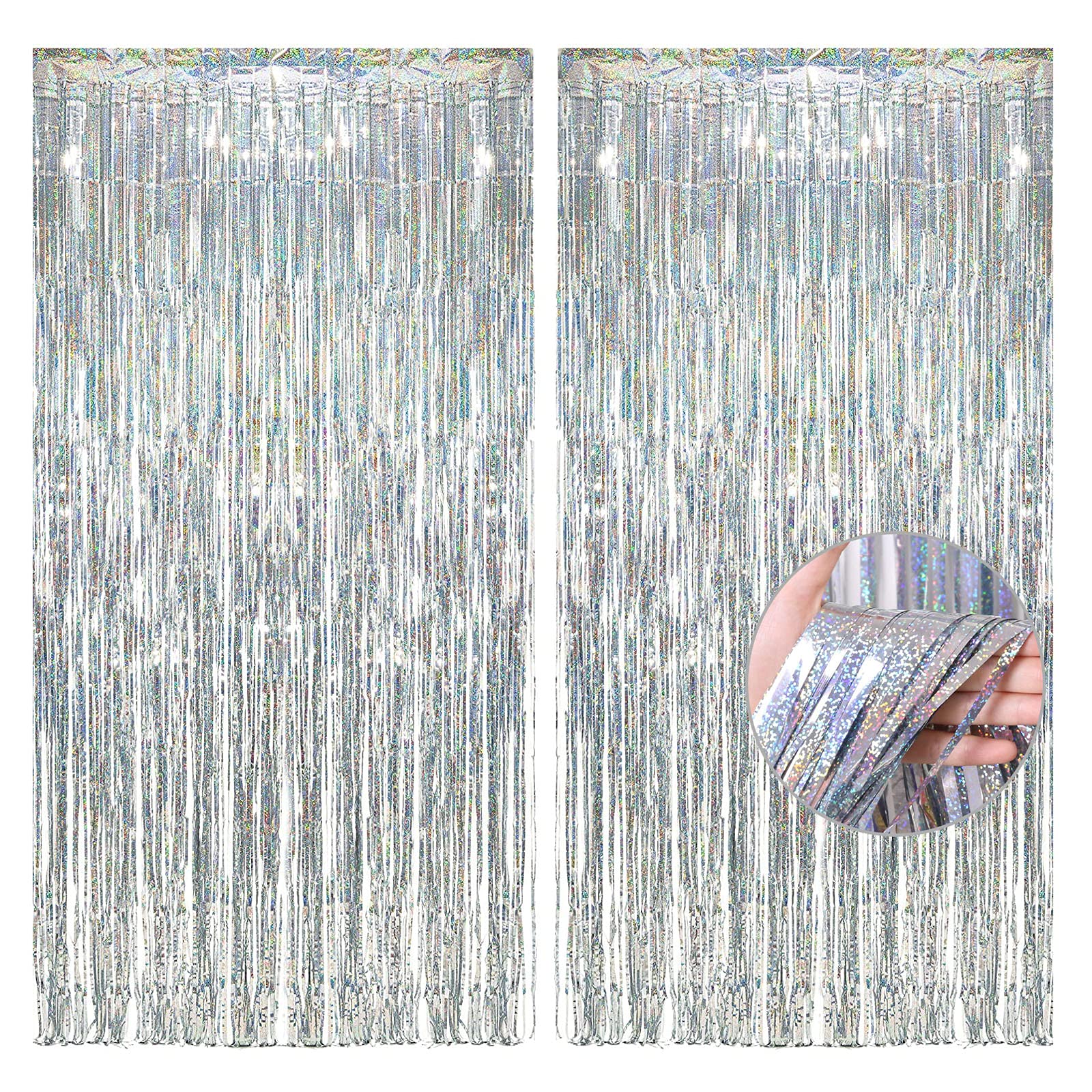 JK Home 2 PACKS 3.2 x 8.2ft Tinsel Foil Fringe Curtains Party Decoration - Doorway Window Streamers Backdrop Curtain for Photo Booth Props Dot Silver