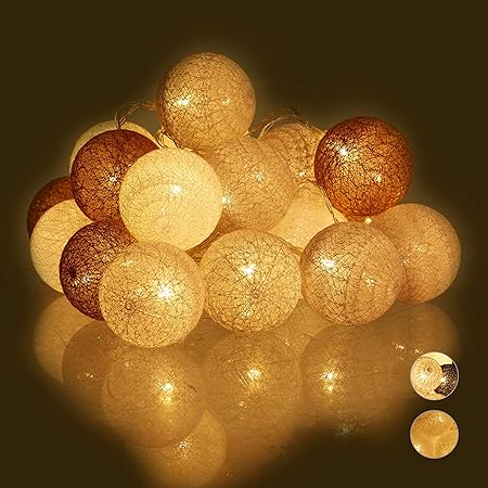 Relaxdays LED Lichterkette mit 20 Baumwollkugeln, batteriebetrieben, Stimmungslichter, Kugeln 6 cm Ø, weiß/grau/braun