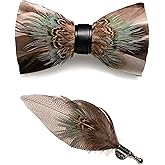 RBOCOTT Handmade Feather Pre-tied Bow tie and Brooch Sets for Men