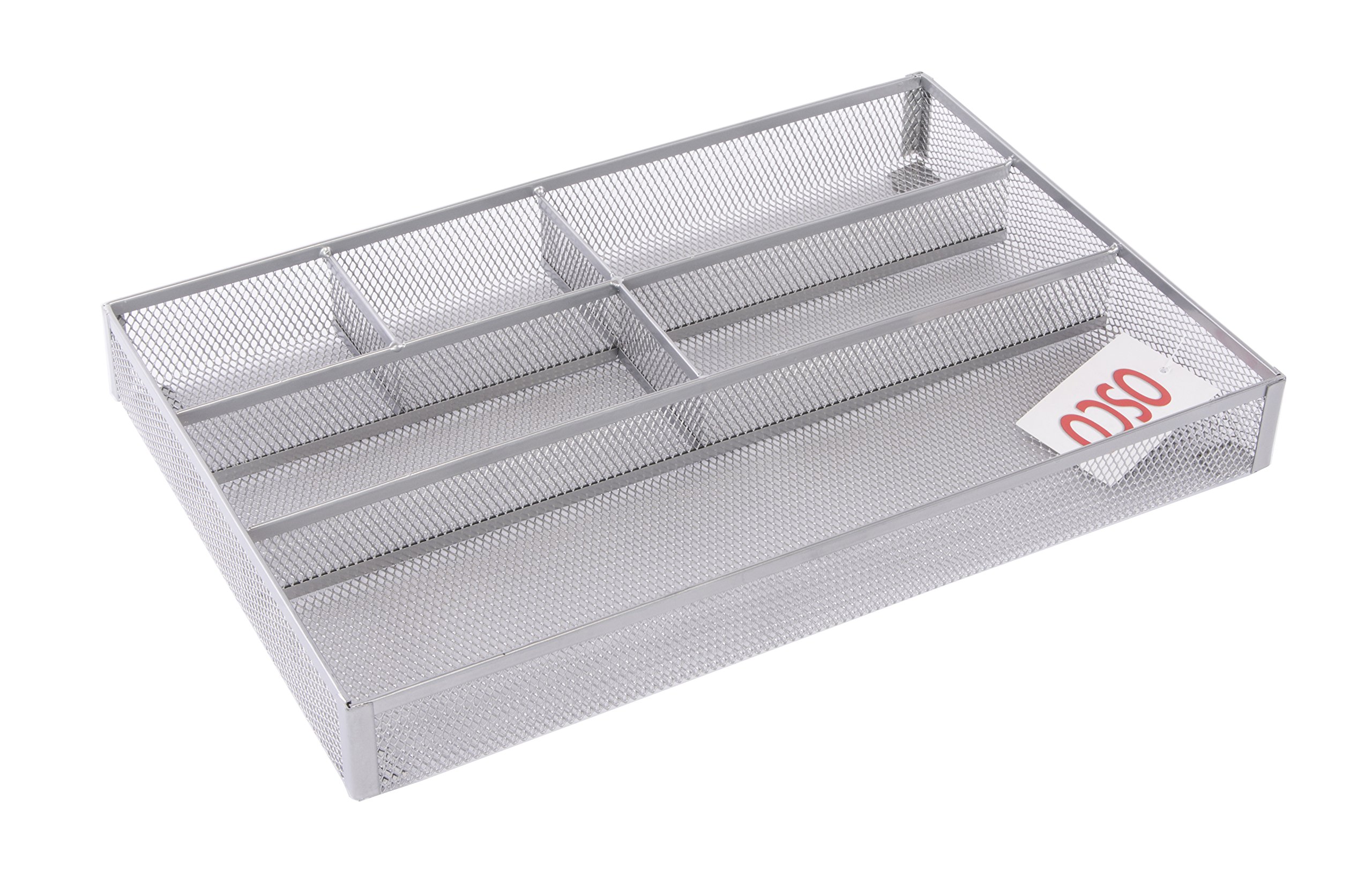 OSCO Wiremesh Desk & Drawer Organiser, 6 Compartments, Ideal for Pens, Makeup, Stationery Caddy & Kitchen Storage, Fits Standard Drawers Compact Design, 33×23×4.4 cm, Silver