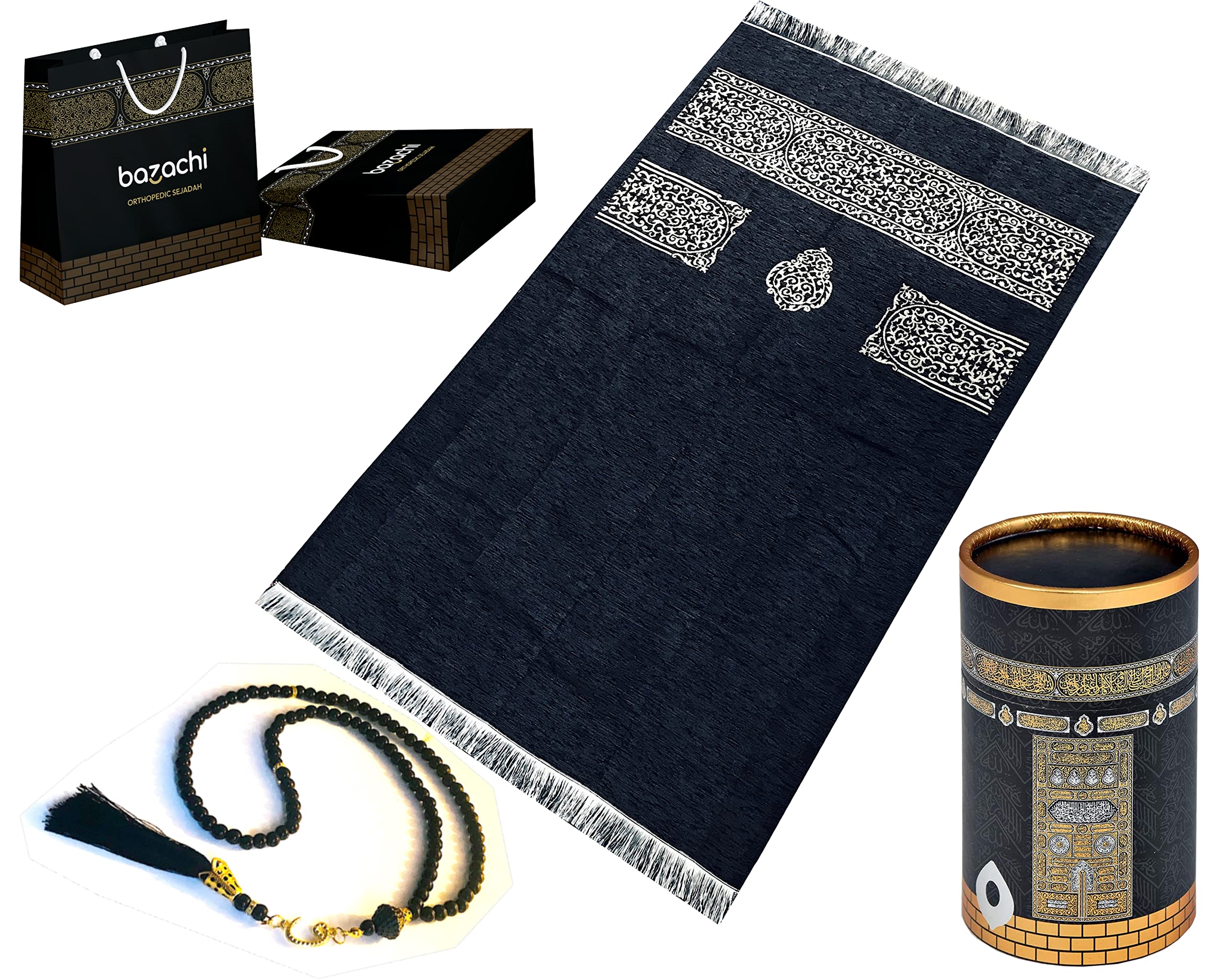 bazachi Kaaba Design Gift Boxed Chenille Prayer Mat with 99 Beads Tasbih & Gift Bag – Premium Islamic Gift Set for Ramadan, Eid, Umrah, Hajj, and Daily Salah (Model 2)