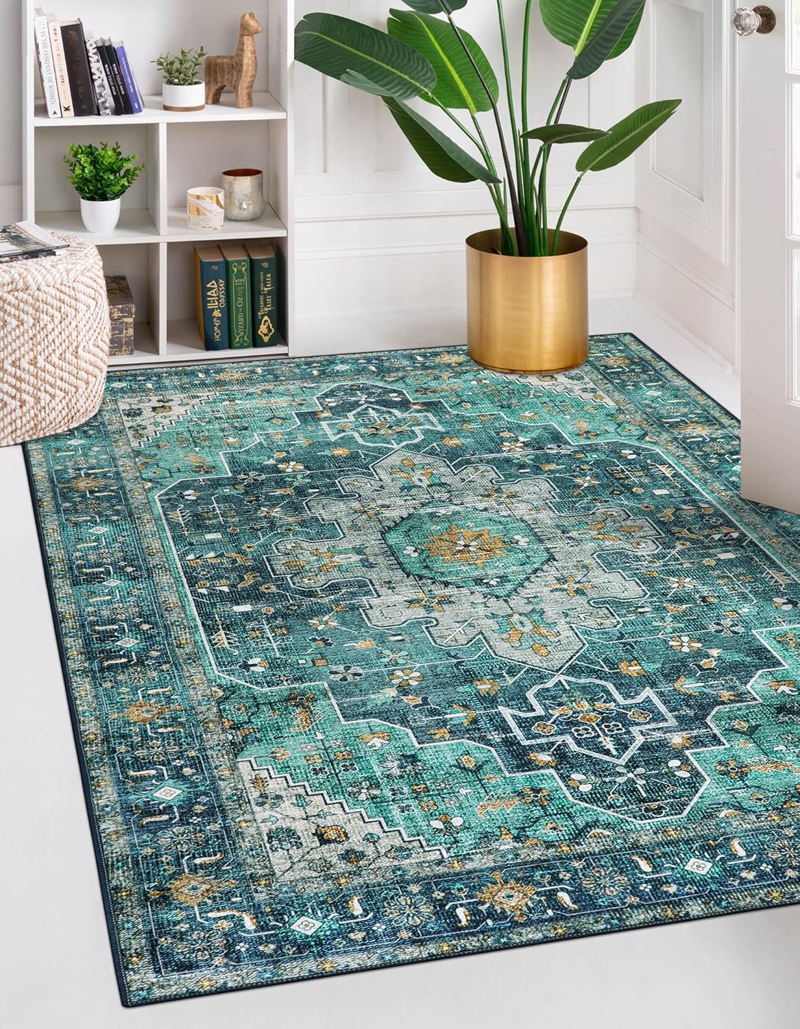 Rugs, Pads & Protectors - Moynesa Ultra-Thin Washable Vintage Area Rug - 5x7 Large Living Room Rug Boho Oriental Medallion Bedroom Mat Non-Slip Non-Shedding Dining Room Floor Carpet for Home Office, Teal/Mutil