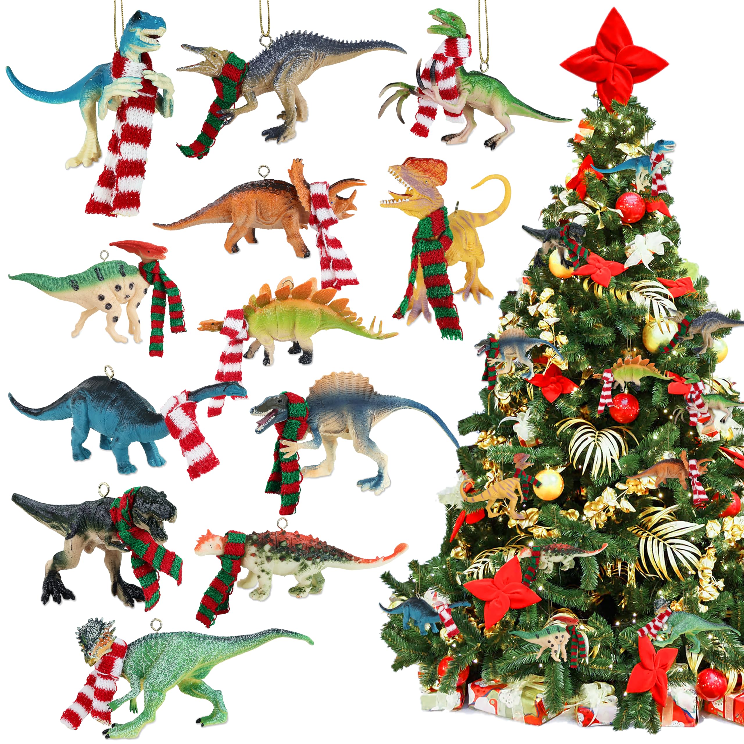 View 1 of 12 Pieces Dinosaur Ornaments for Christmas Tree, Cute Dinosaur Christmas Decorations Set, for Christmas Dino Themed Birthday Party