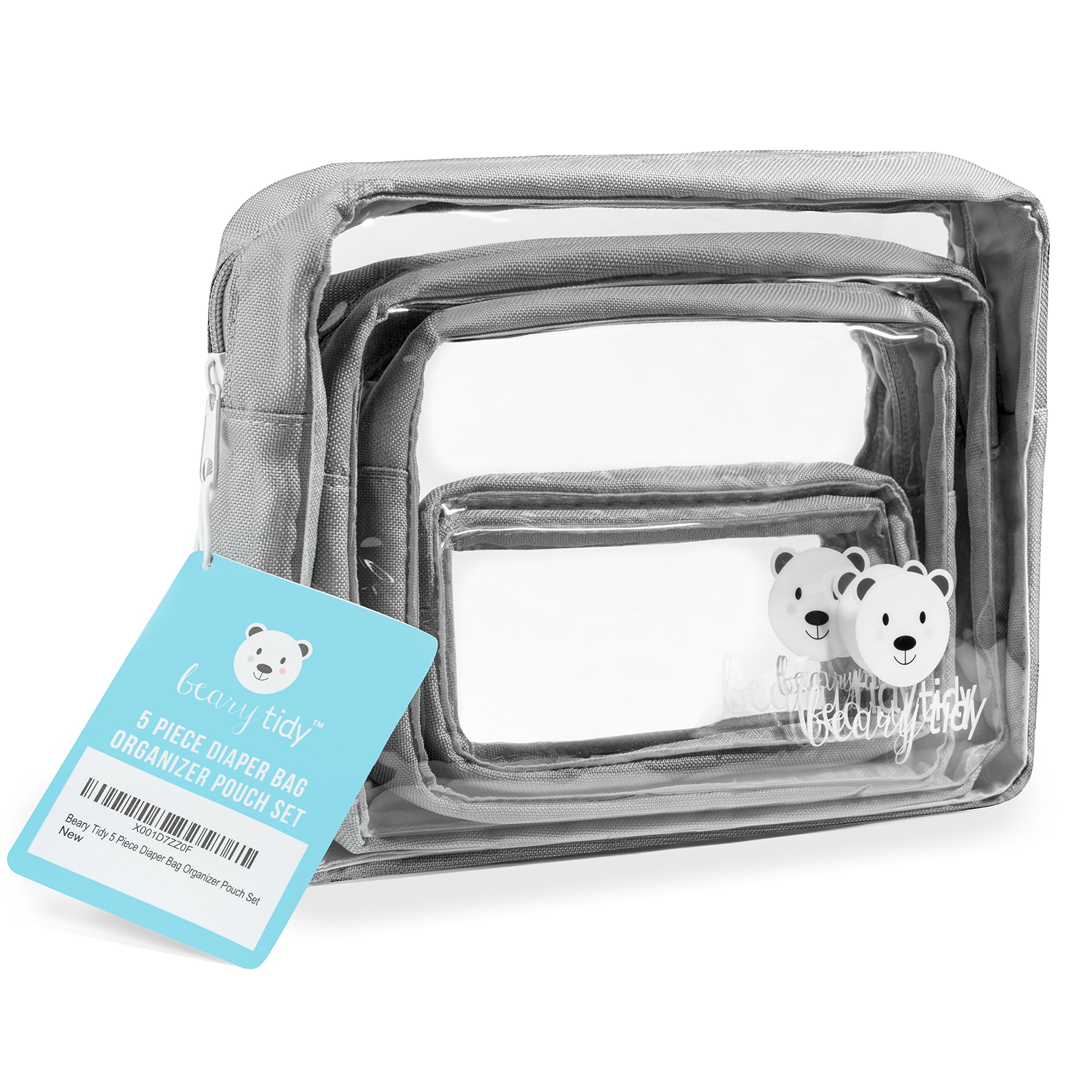 5 Piece Diaper Bag Organizer Pouch Set, Clear with Zippers and Nestable