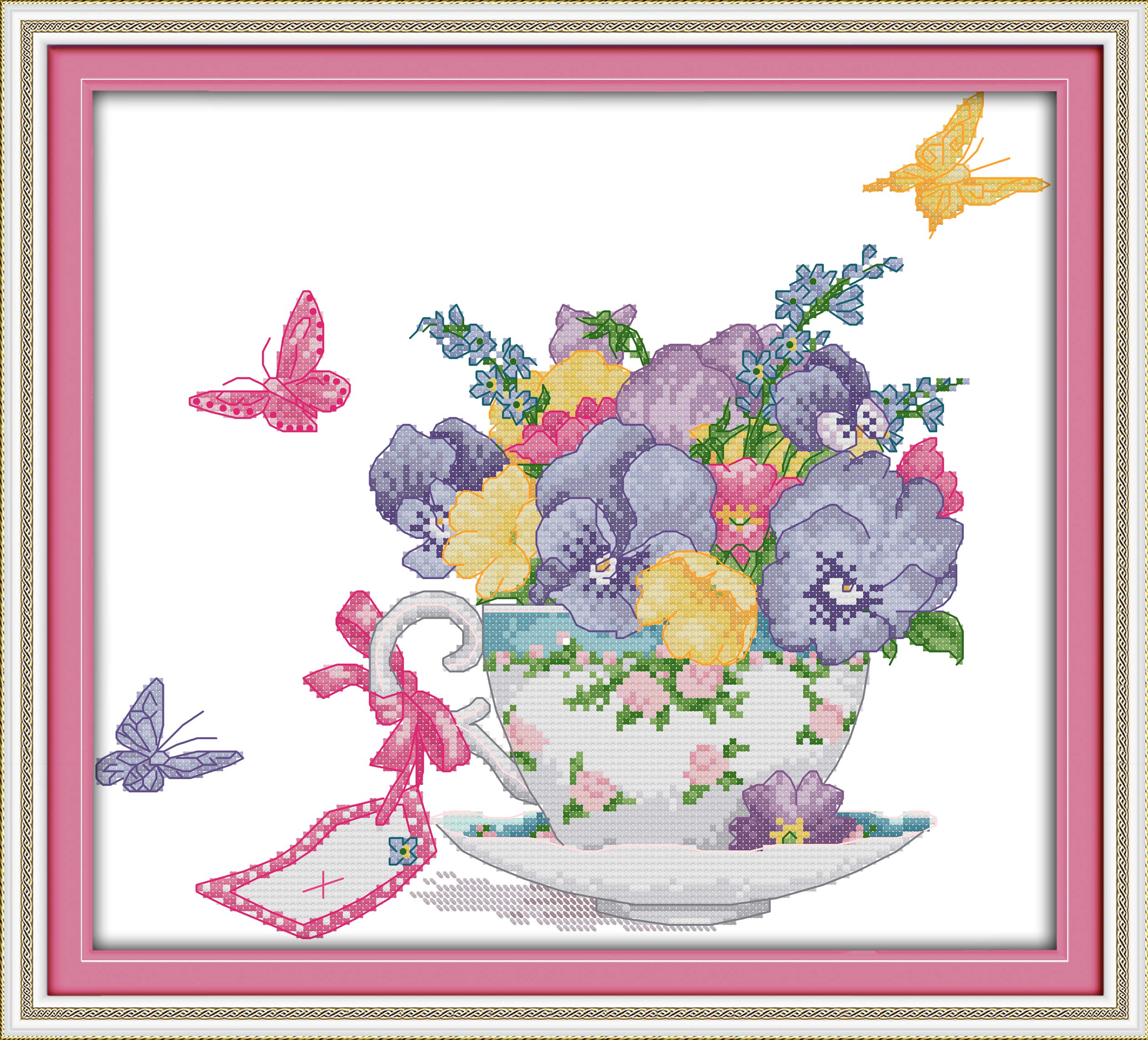 OWN4B Cross Stitch Kits Stamped, Butterfly Orchid in The Cup Printed Pattern 11CT 16.9x15.4 inch DIY Embroidery Kit