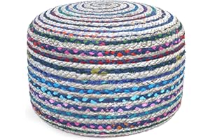 SIMPLIHOME Margo Boho Round Pouf in Blue Braided Jute for the Living Room, Bedroom and Kids Room