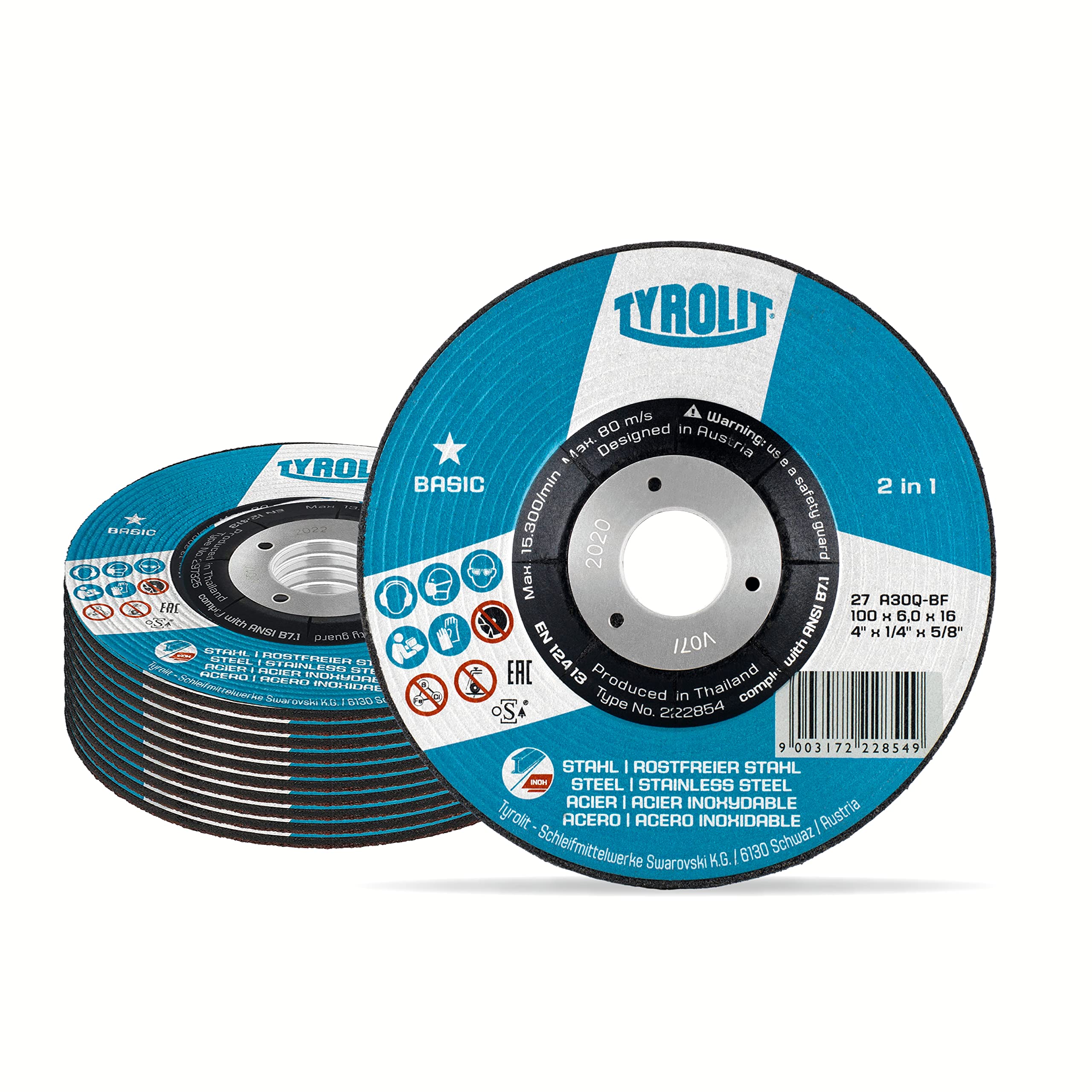 TYROLIT 222854 BASIC 2in1 Rough Grinding Wheels for Steel & Stainless Steel, 100 mm Metal Cutting Discs, Angle Grinder Discs, 100 x 6 x 16 mm, 10-Pack