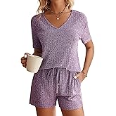 Ekouaer Womens Ribbed Knit Lounge Set Short Sleeve Top and Shorts Sleepwear Pajama Set Two Piece Shorts Outfits Set