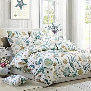 FADFAY Duvet Cover Set Queen Beach Themed Bedding Sets 100% Cotton Super Soft Coastal Bedding White Teal Seashells and Starfish Nautical Bedding with Hidden Zipper Closure 3 Pieces Queen Size