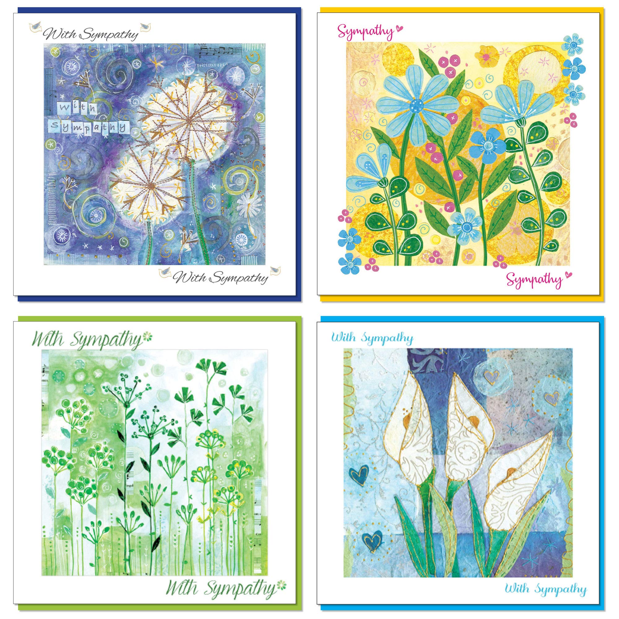Pack of Sympathy Cards, 14x14cm, 4 designs in this Bereavement cards pack, each with a Coloured Envelope, blank inside, by Just Cards Direct. (Flowers, Dandelion)