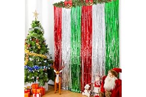 Lansian 2 Pack Christmas Foil Fringe Curtains Party Decoration Tinsel Photo Backdrop, 3.2 x 8.2 ft Red Silver Green Photobooth Props Background for Xmas New Year Party Door Fringe Decorations