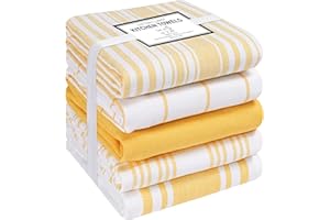 Cotton Clinic Assorted Kitchen Towels 5 Pack – Soft Absorbent Quick Drying Table & Kitchen Linen - Dish Towels, Dish Cloths, Tea Towels and Cleaning Towels with Hanging Loop – 16x28 / Yellow White