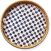 JUNGLE CULTURE Rattan Serving Tray 12" with Mother of Pearl Inlay • Coastal Boho Collection • Handcrafted Woven with Handles for Home • Round Dining Table Tray • Wicker Serving Basket – Drift