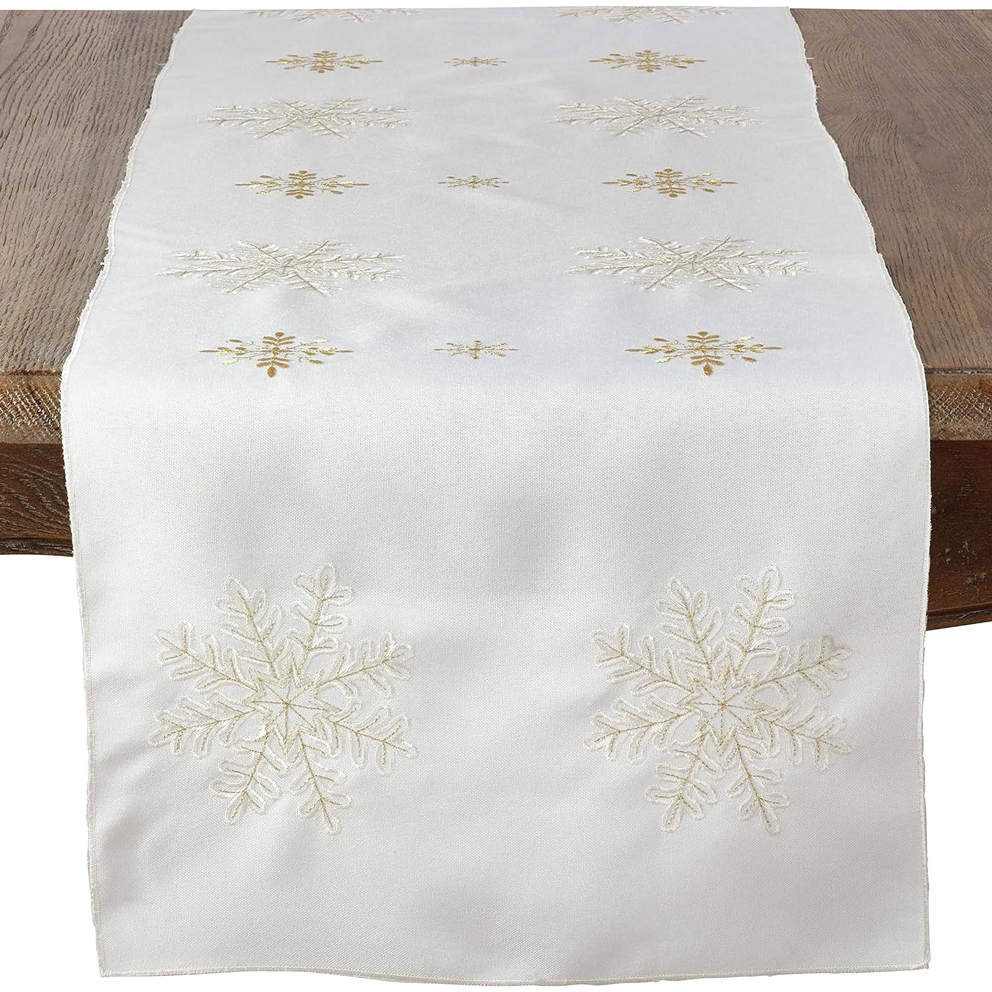 SARO LIFESTYLE 116.I16108B Neve Collection Embroidered Snowflake Christmas Holiday Table Runner, Polyester, Ivory