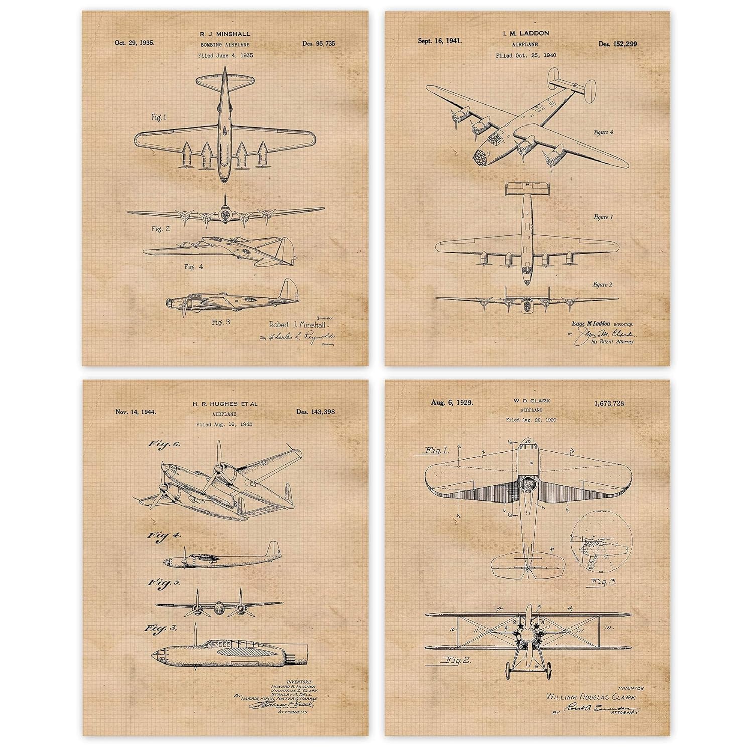 Vintage Bomber Airplanes Patent Art Poster Prints, Set of 4 (8x10) Unframed Photos, Great Wall Art Decor Gifts Under 20 for Home, Office, Garage, Man Cave, Student, Teacher, Military Veterans, Fan