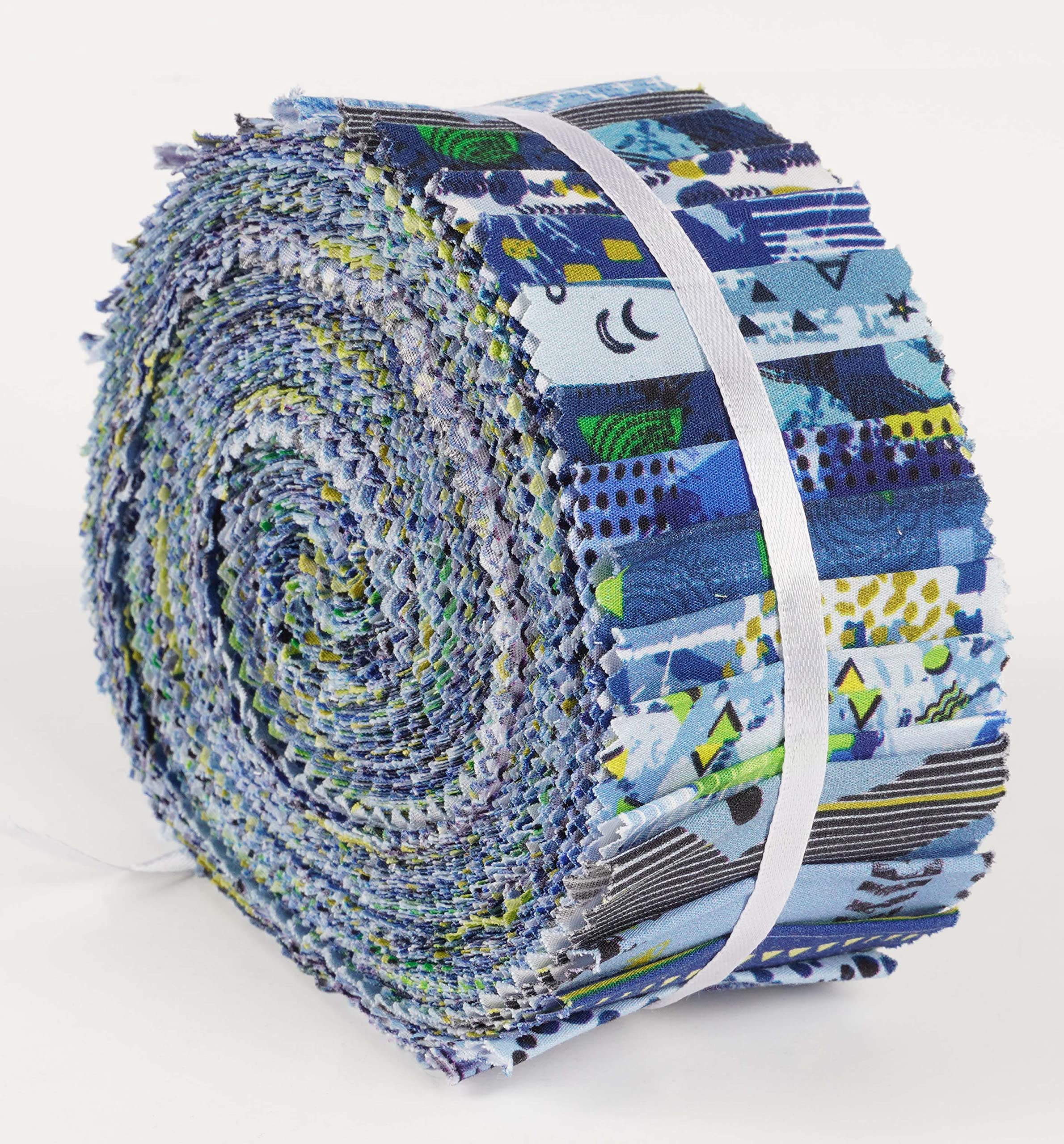 Soimoi 40Pcs Geometric & Texture Print Precut Fabrics Strips Roll Up 1.5x42inches Cotton Jelly Rolls for Quilting - Blue