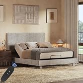 FLEXISPOT Queen Adjustable Bed with Velvet Upholstered Frame, Light Grey | Velvet Upholstered Bed Frame, Vertical Channel Fluted Headboard, Head &amp; Foot Lift, Adjustable Headboard, Thick Foam Padding