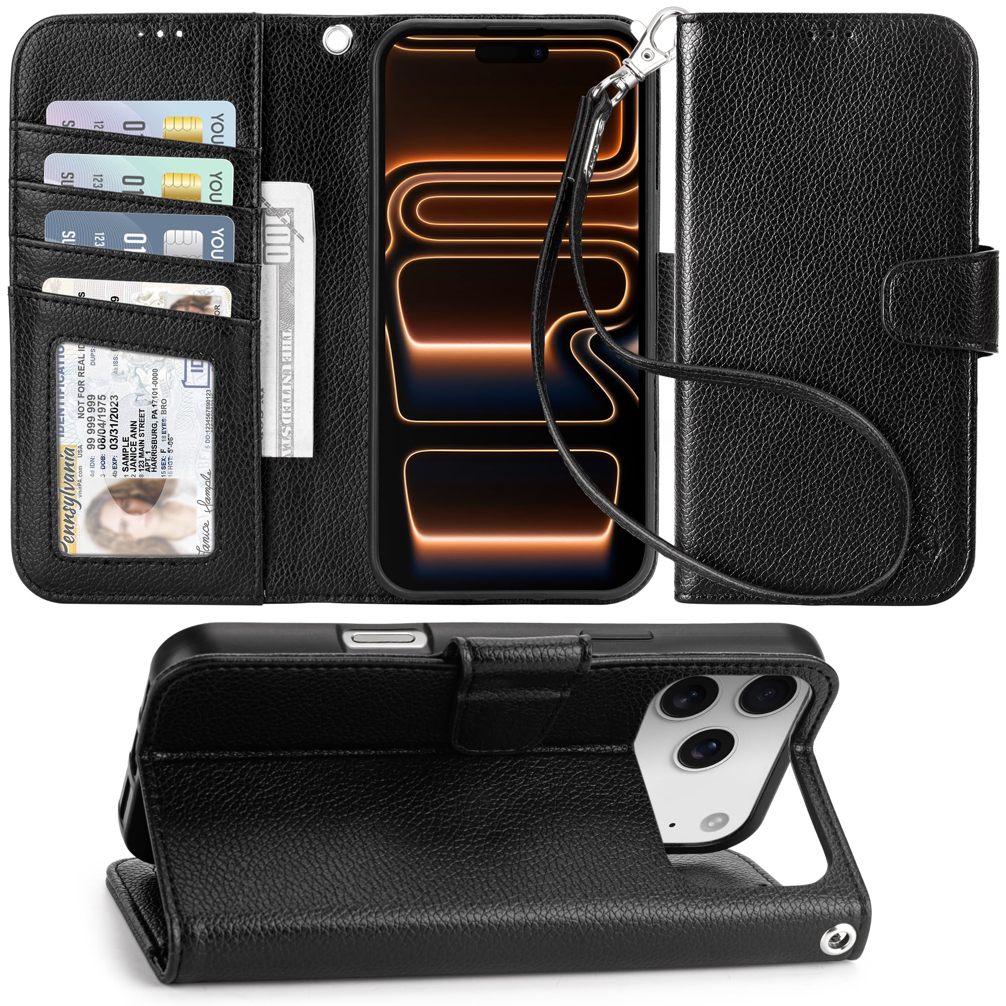 Arae Compatible with iPhone 17 Pro Max Case Wallet with Card Holder, Wristlet Strap Wallet Flip Cover for iPhone 17 Pro Max 6.9 inch Men/Women, RFID Blocking, Kickstand, Litchi Black