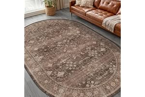 Hazo Haus Oval Boho Area Rugs 6x9 for Living Room - Vintage Traditional Eclectic Unique Neutral, Washable Low Pile Non-Slip L