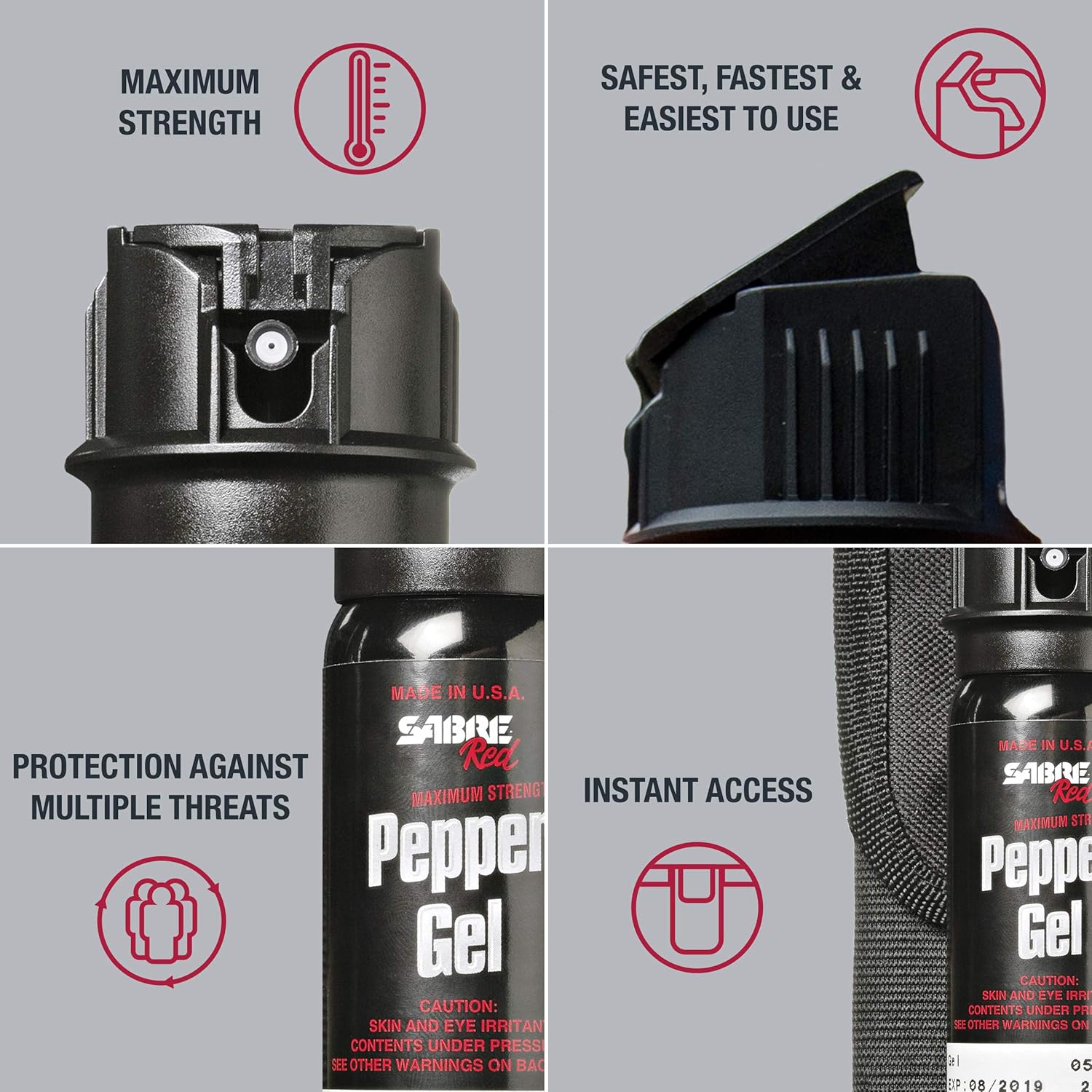 SABRE RED Tactical Pepper Gel with Belt Holster – Gel is Safer – Maximum Police Strength Gel OC Spray, Quick Access Flip Top, 18-foot (5.5 m) Range, 18 Bursts – Designed for Security Personnel : Pepper Spray : Industrial & Scientific