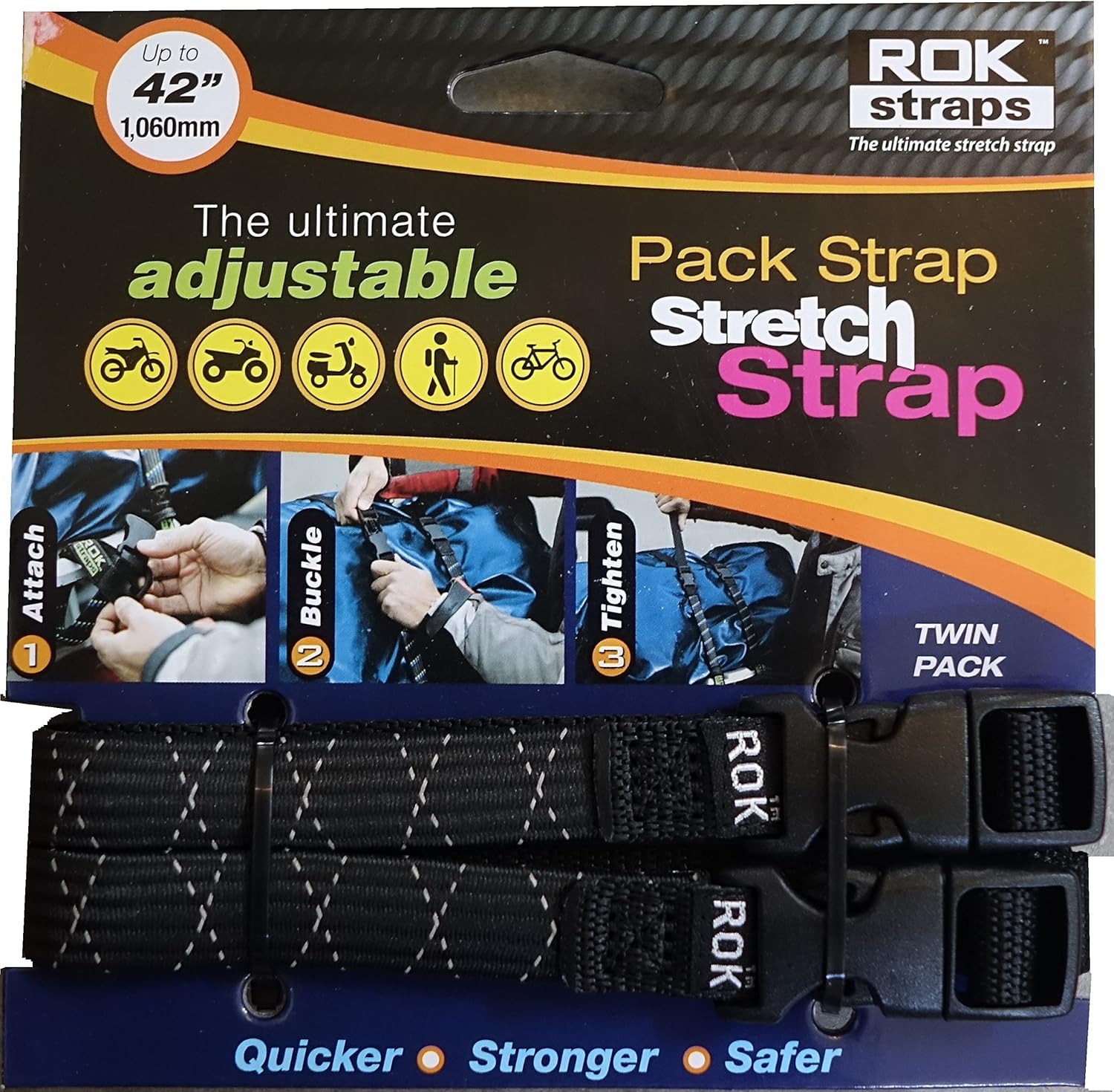 ROK Straps ROK-10358 Black/Reflective 12" - 42" Pack Adjustable Stretch Strap: Automotive