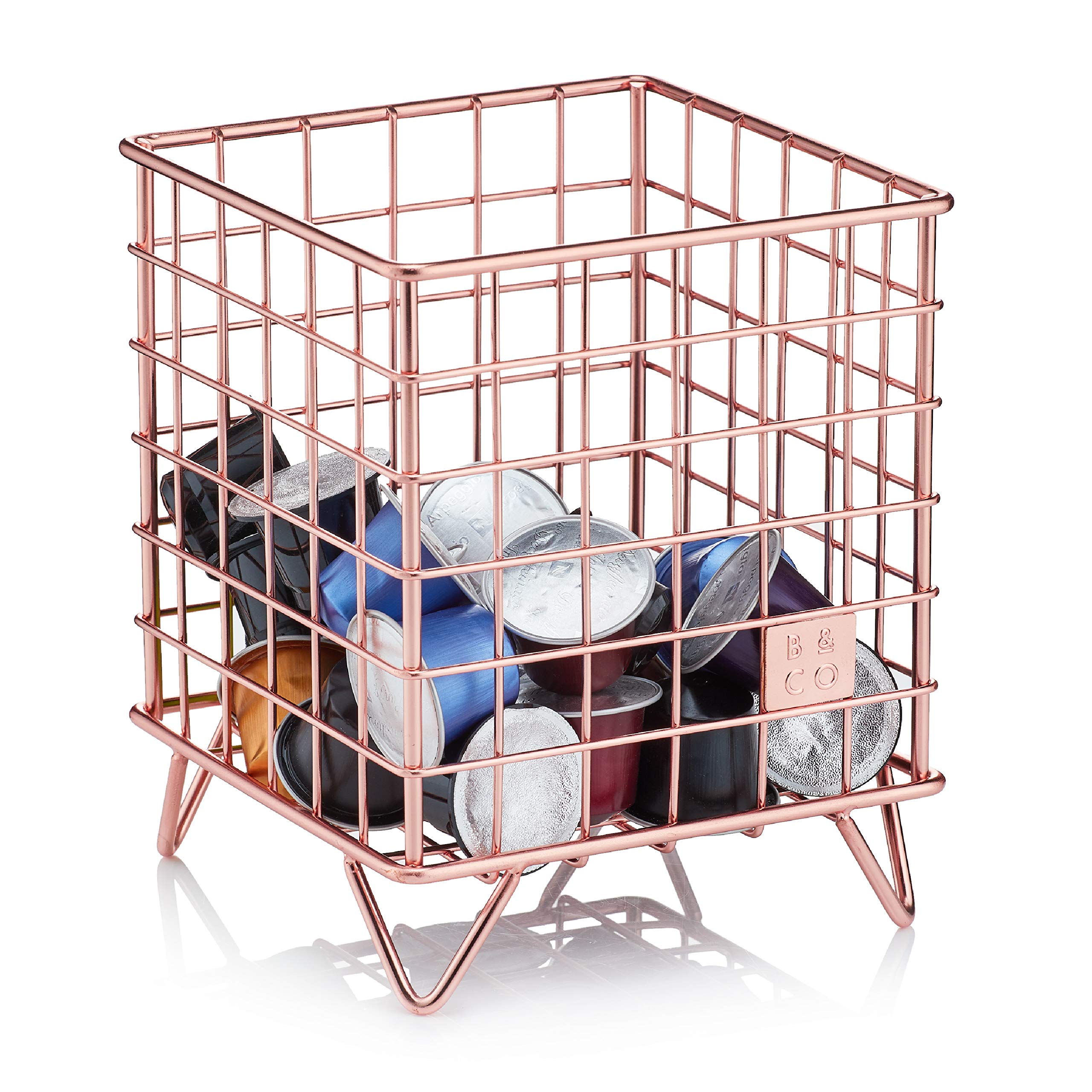 Barista & Co Coffee Pod Cage - Stainless Steel Large Capacity 80+ Coffee Capsule Holder - Copper with Stamp Logo Coffee Pod Storage Compatible with Nespresso, Tassimo, Dolce Gusto Pods etc.