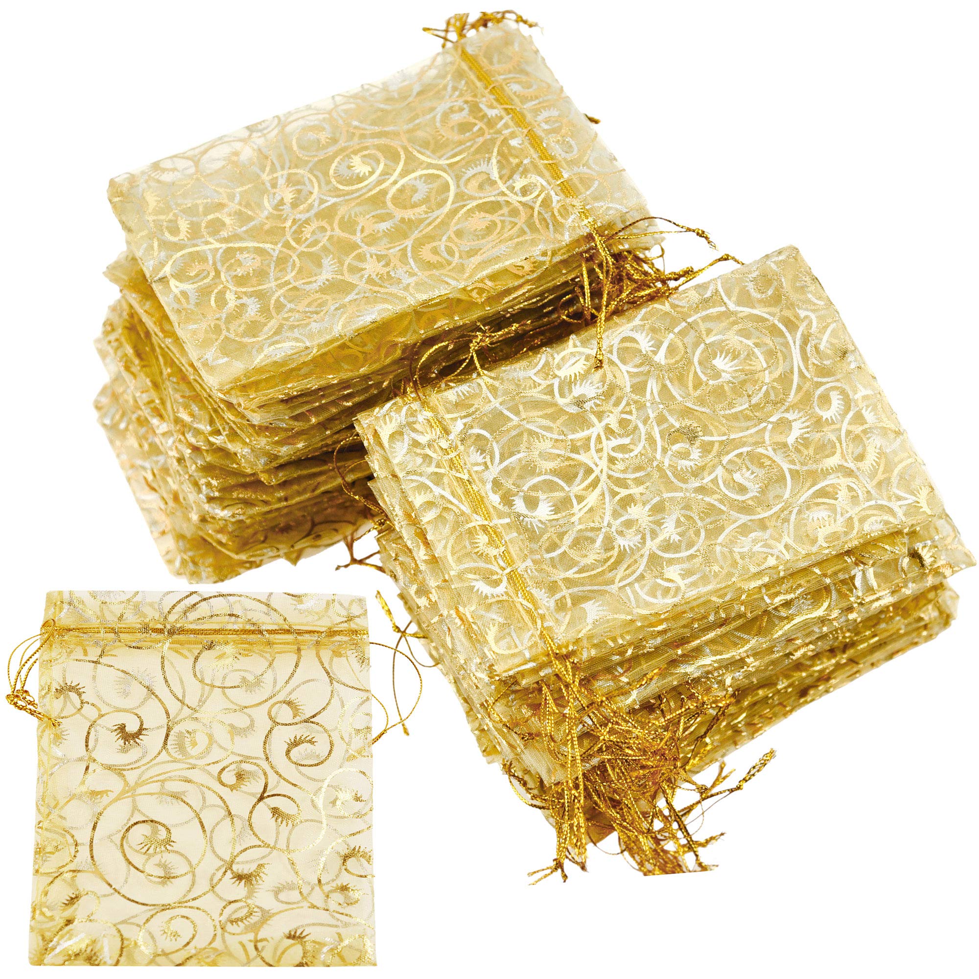 FiveSeasonStuff Organza Wedding Favours Gift Bags Jewellery Birthday Party Baby Shower Arts & Crafts Gift Wrapping Candy DIY Pouches (9cm x 12cm, Gold Swirl)