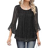 Bebonnie Women's Ruffle 3/4 Sleeve Elegant Dressy Blouses Crew Neck Double Layers Mesh Tunic Tops