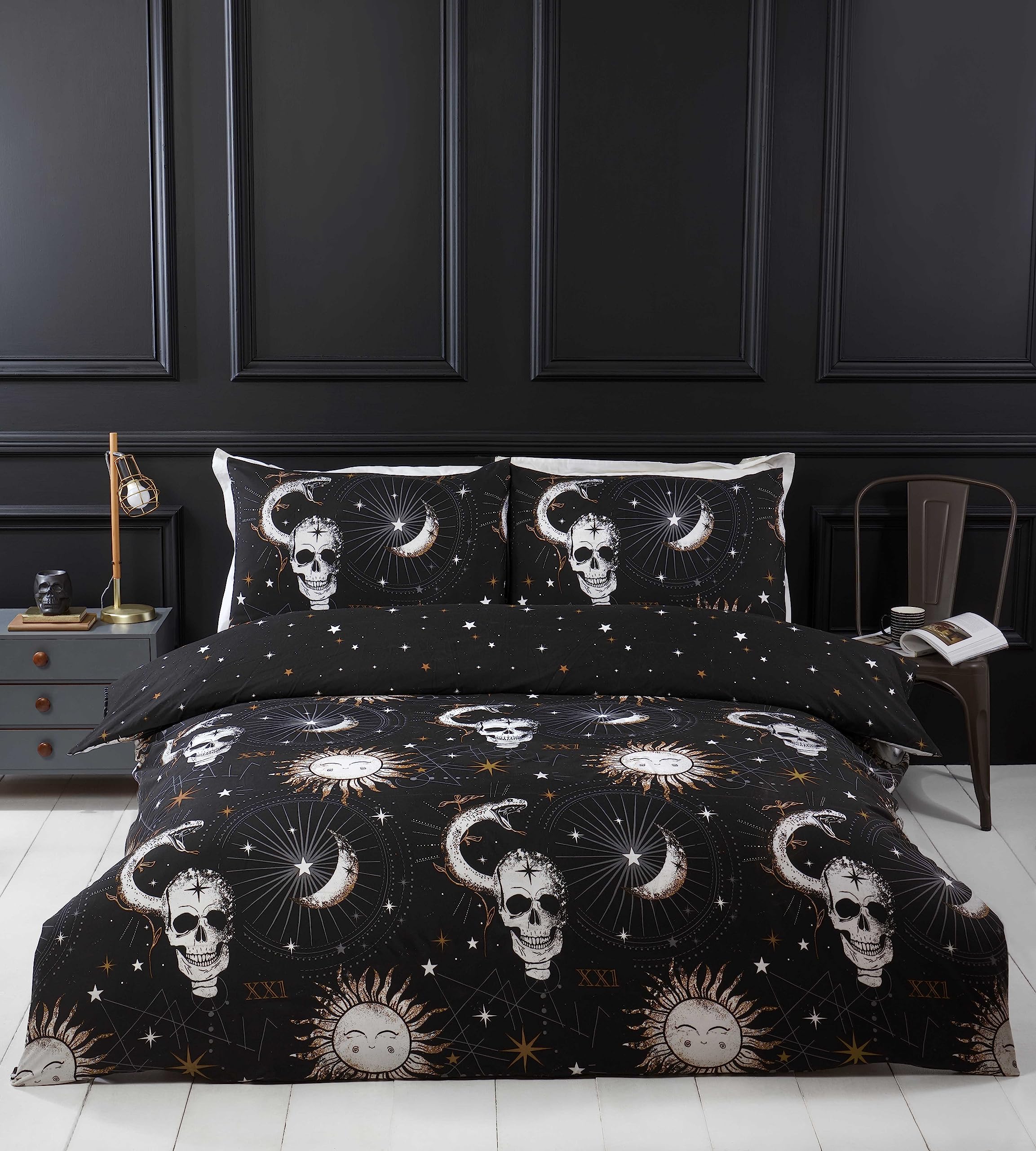 Rapport Home Dark Dreams Tarot Duvet Cover Set Double - Reversible Gothic Skull Bedding with Pillowcases - Soft Polyester Black Mystical Print for Adults