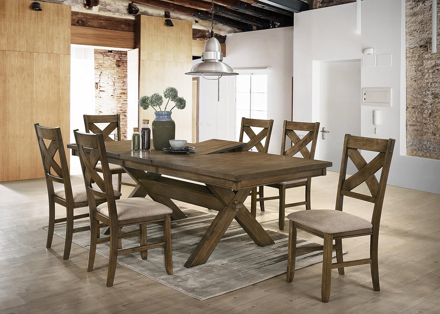 Roundhill Furniture Raven Wood Dining Set Butterfly Leaf Table Six Chairs Glazed Pine Brown Table Chair Sets Amazon Com