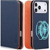 VISOUL Pebbled Leather Wallet Case for iPhone 17 Pro Max 6.9" 2025, Genuine Leather Flip Folio Cover with RFID Blocking Card Holders, Kickstand, Soft TPU Protective Flip Cover -Blue+Orange