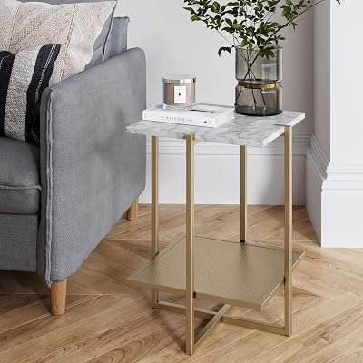 Nathan James Myles Modern Nightstand Marble Side Table Metal Frame, WhiteGold