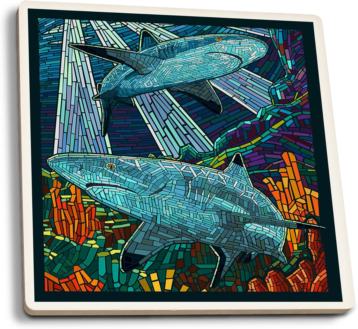 Lantern Press Black Tip Reef Shark - Paper Mosaic (Set of 4 Ceramic Coasters - Cork-Backed, Absorbent)