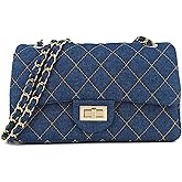 M-ioi-M Quilted Denim Crossbody Bags for Women, Chain Strap Shoulder Bags, Medium Double Flap Purse, Gold Hardware Jean Purse