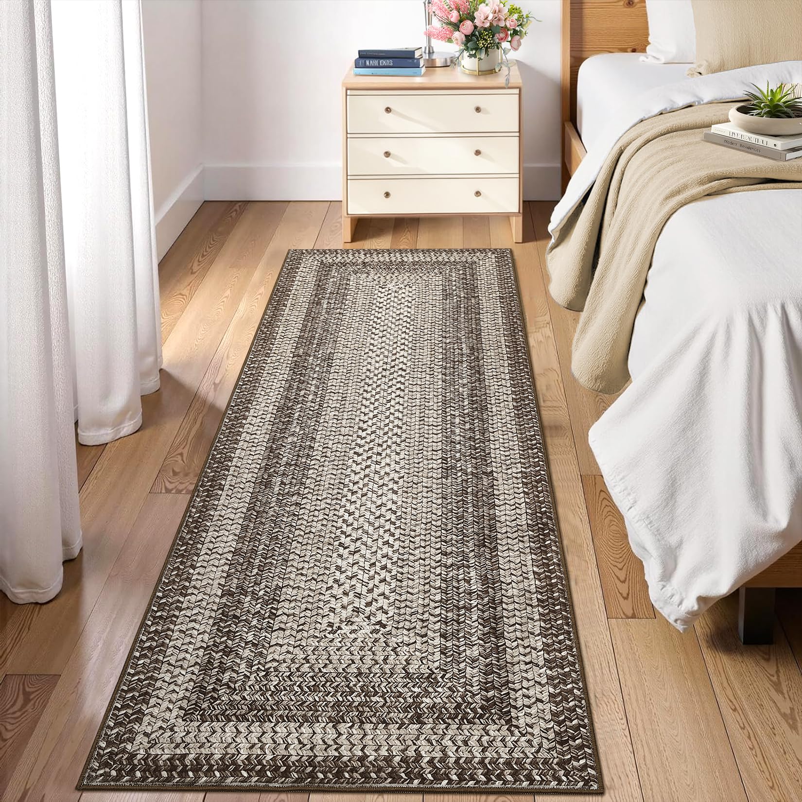 Photo 1 of 2x6 Boho Runner Rug Braided Print Hallway Area Rug Machine Washable Throw Floor Cover Non Slip Moroccan Runner Carpet for Kitchen Farmhouse Rustic Carpet for Living Room Bedroom, Mocha