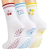 Toes Home Cute Pilates Socks with Grips for Women, Christmas Gifts Non Slip Socks for Yoga Barre Workout Sticky Crew Socks 3 Pairs