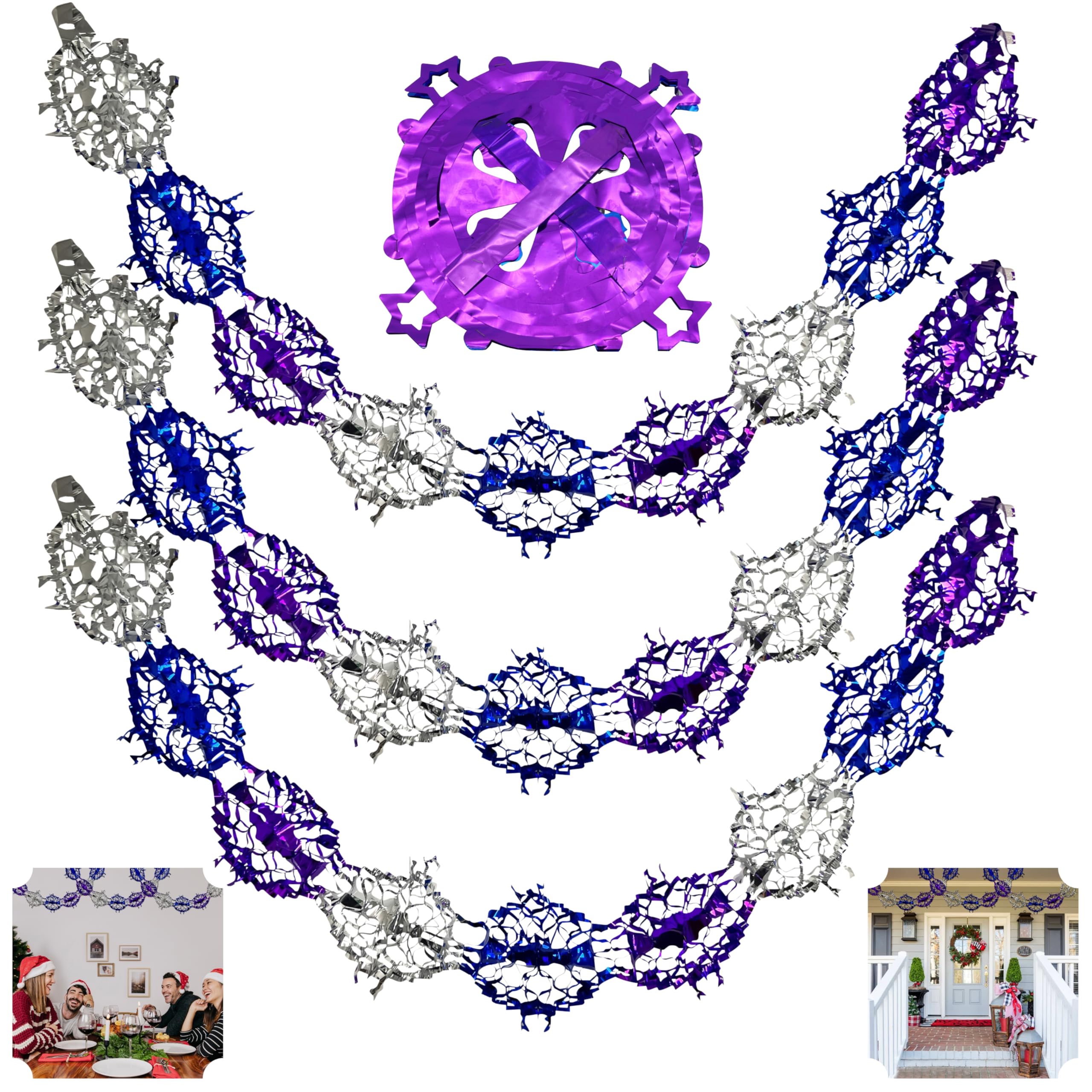 3PCs Christmas Ceiling Decorations Set - 6M Stunning Foil Star Garland & Tinsel in Purple, Silver & Blue | Eye-Catching Indoor Xmas & New Year Decor