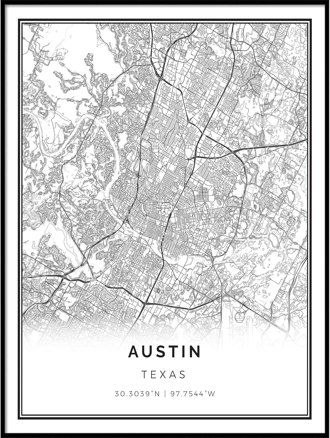 Squareious Austin map Poster Print | Modern Black and White Wall Art | Scandinavian Home Decor | Texas City Prints Artwork | Fine Art Posters 9x11