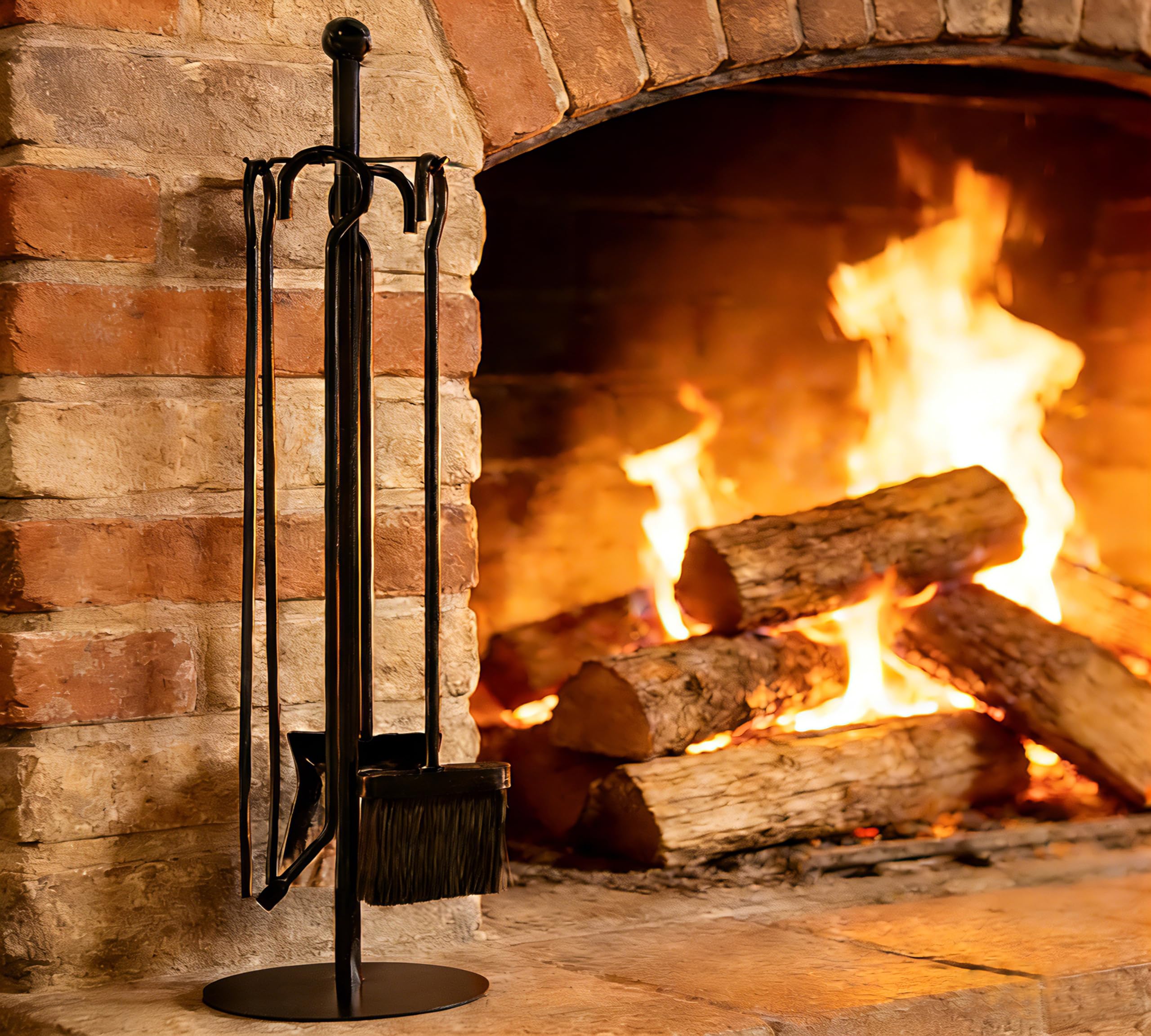 Kingson Black 5-Piece Fireside Companion Set for Log Burners Dia18cmxH68cm Includes Shovel, Poker, Brush, Tongs, and Stand Log Burner Accessories