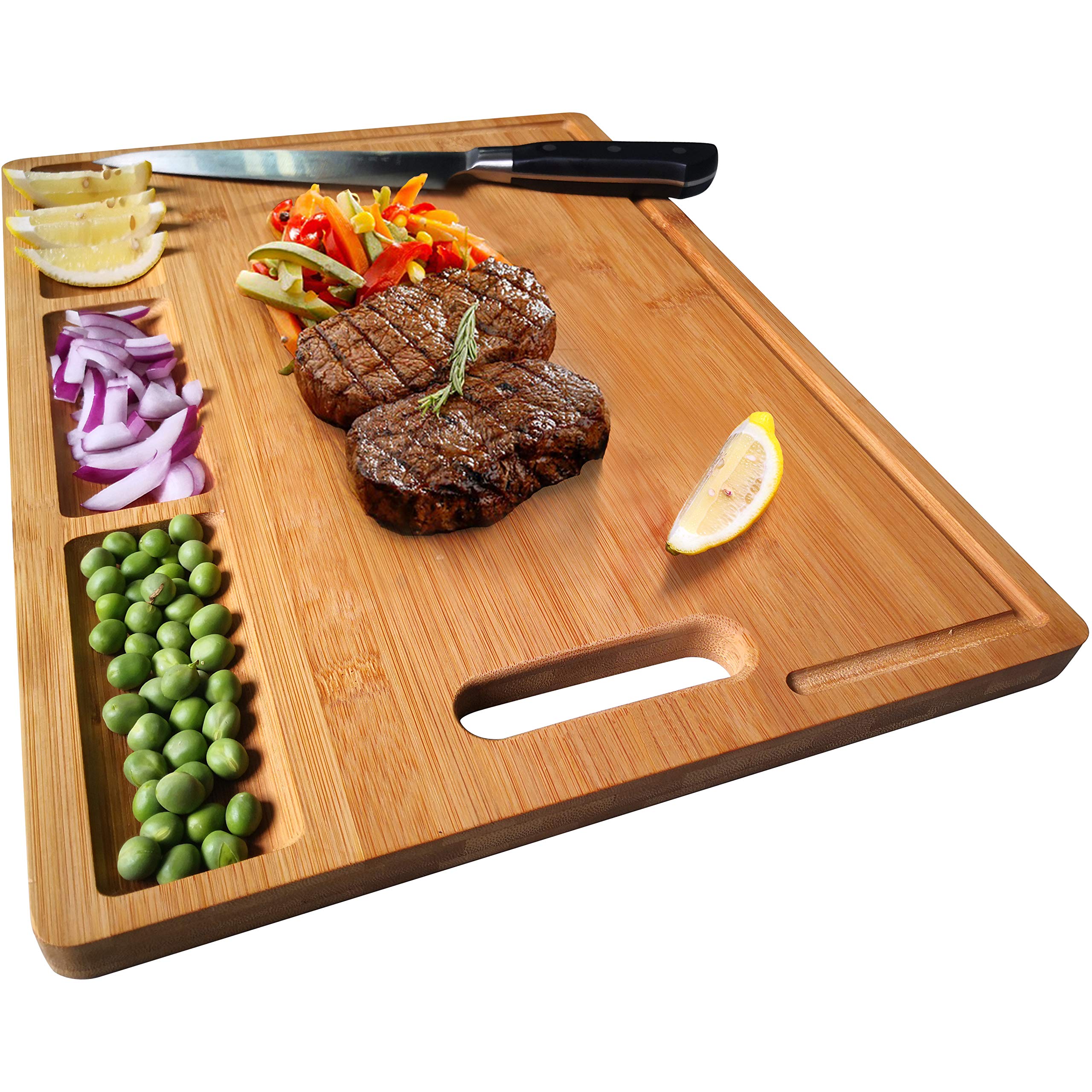 NIUXX Bamboo Cutting Board for Kitchen, Chopping Board with 3 Built-in Compartments & Juice Grooves, Serving Tray for Meats Vegetable Fruits, 38.5 x 27 x 1.5 cm Butcher Block, Carving Board